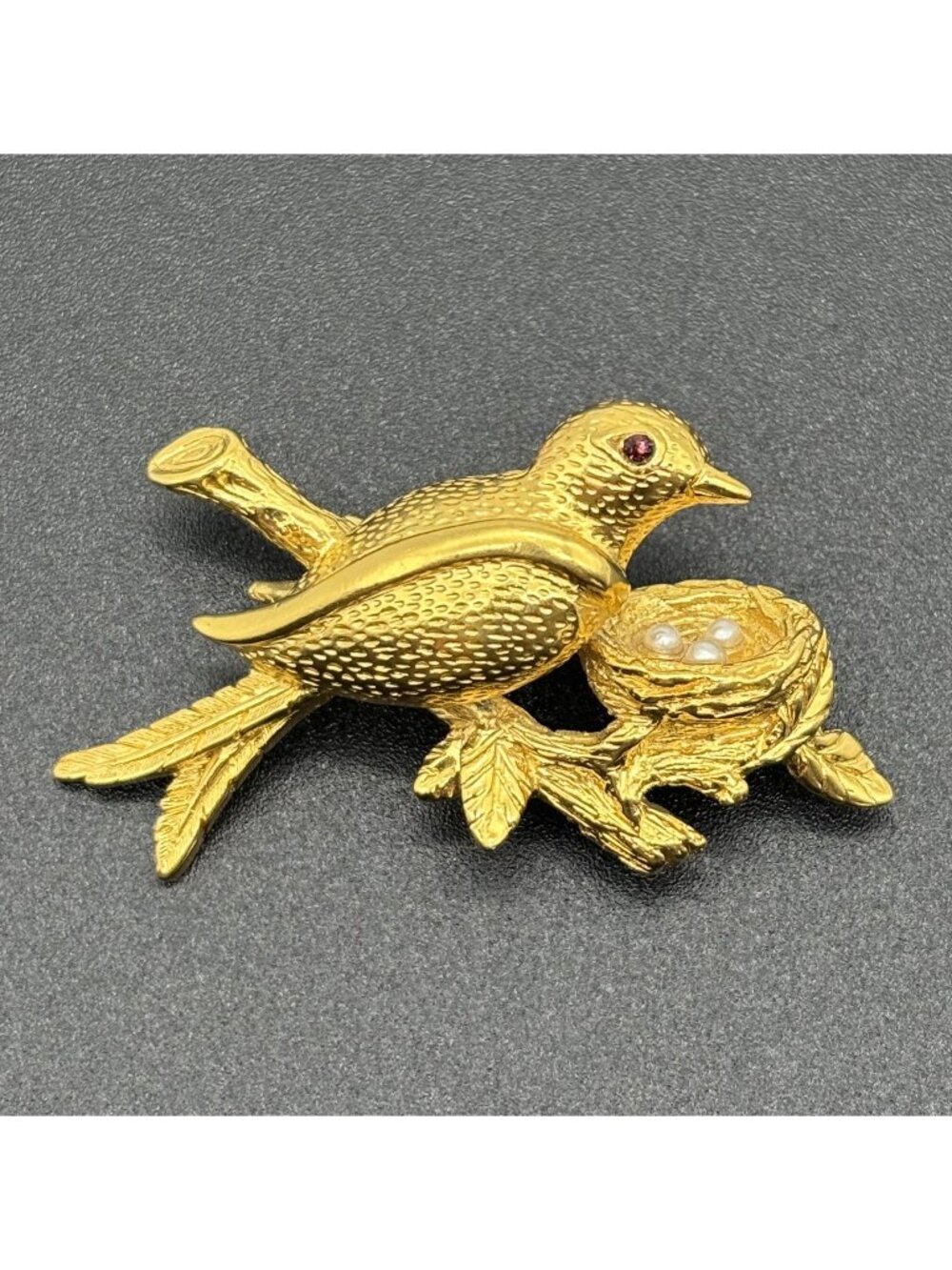 Vintage Trifari Brooch Bird and Nest With Faux Pearl Eggs and Red Rhinestone Eye